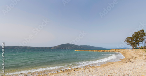 Albania, Radhime Vlore beach, emerald color clear sea water