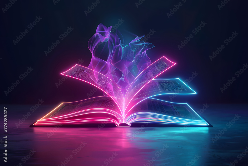 Open book with futuristic technology. Colorful lights  neon background. - obrazy, fototapety, plakaty 