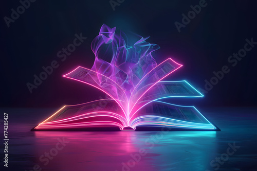 Open book with futuristic technology. Colorful lights  neon background.