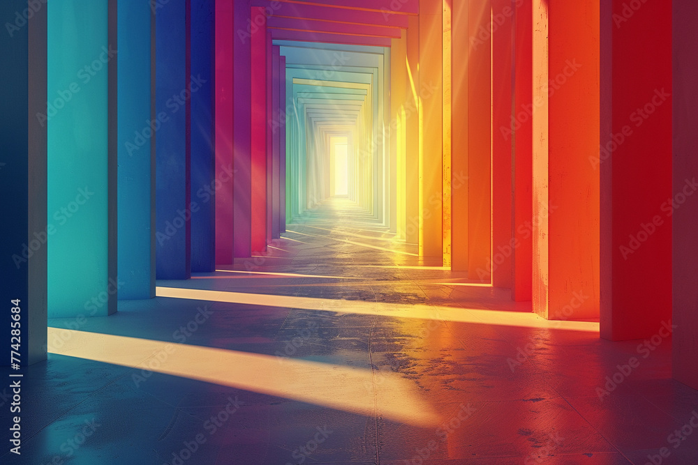 A rainbow in a 3D minimalist style featuring crisp lines and sharp angles that contrast with a soft A rainbow in a 3D minimalist style featuring crisp lines and sharp angles that contrast with a soft