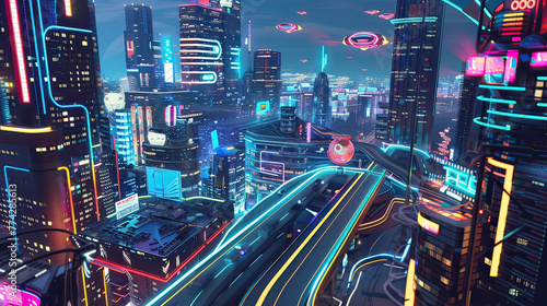 Futuristic cityscape with neon lights and flying cars, vibrant tech utopia, high detail