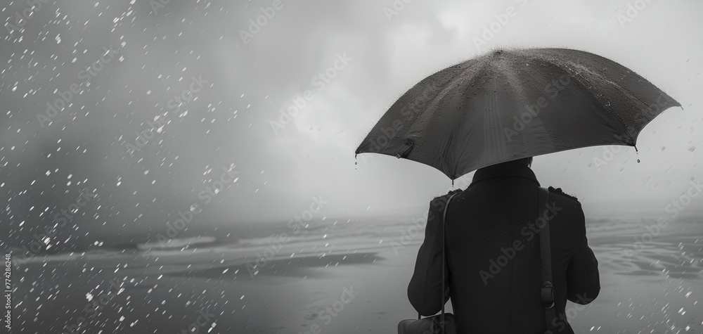 A person is standing in the rain with an umbrella