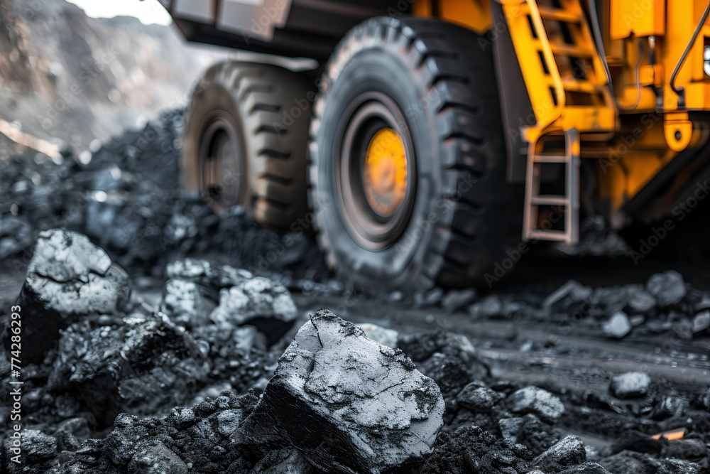 A large truck with a yellow tire is driving through a pile of rocks A large truck with a yellow tire is driving through a pile of rocks