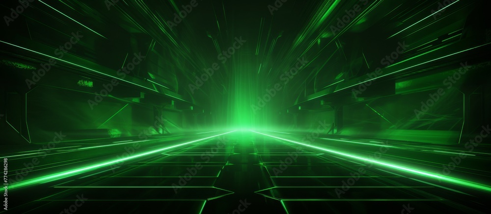 A bright green light shines through the darkness of a long underground tunnel, casting an eerie glow on the damp walls and uneven floor A bright green light shines through the darkness of a long underground tunnel, casting an eerie glow on the damp walls and uneven floor