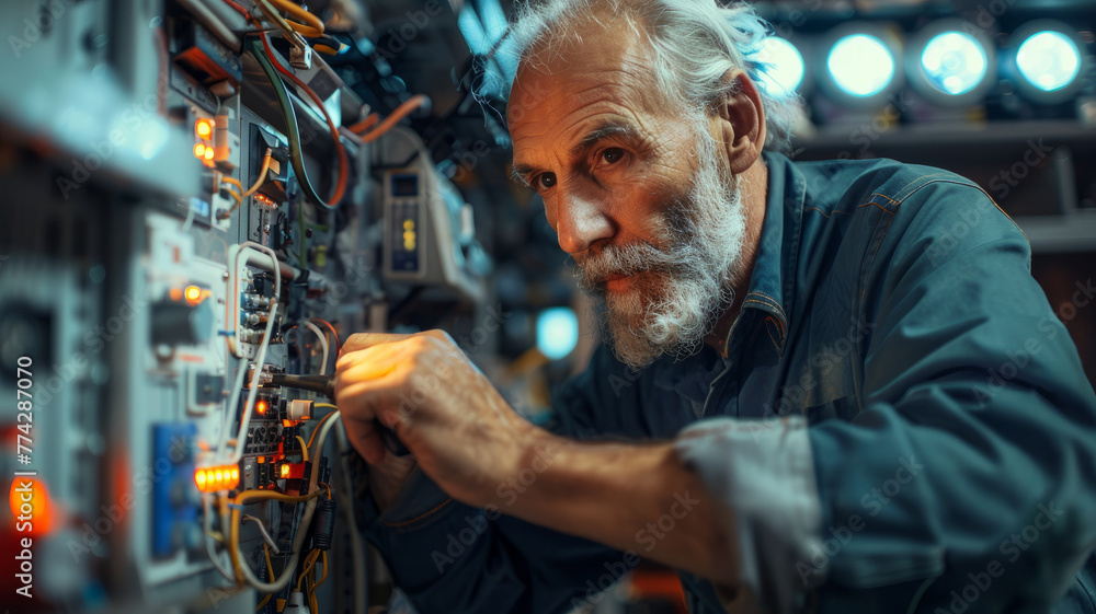 Elderly man working on electrical panel Elderly man working on electrical panel