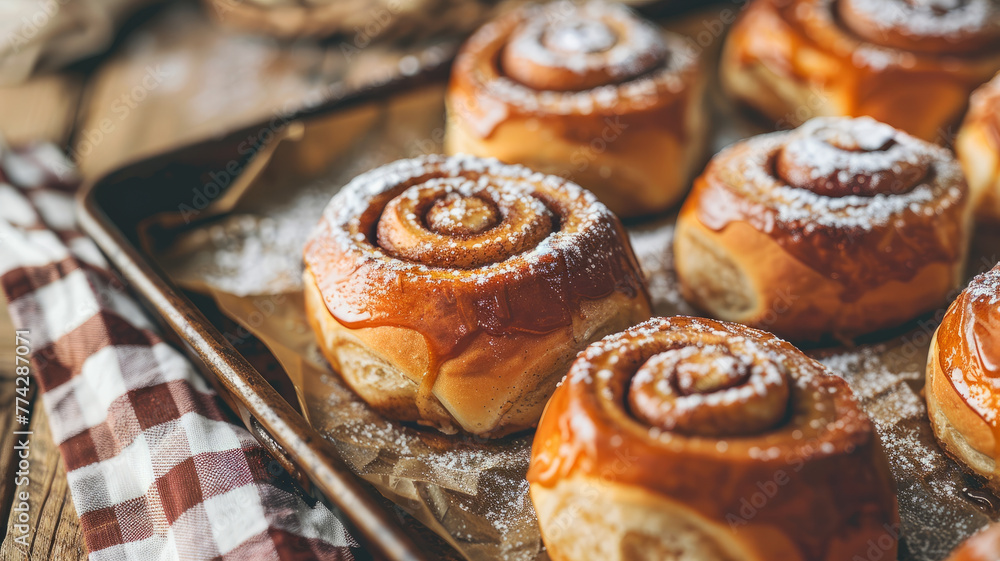 Freshly baked cinnamon rolls on a tray Freshly baked cinnamon rolls on a tray