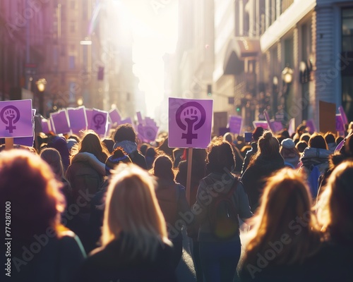 Demonstration and protest of a multitude of women in favor of women's rights, feminism and equality, walking backwards through the middle of the city with purple posters with feminist symbols