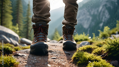Closeup of hiker hiking boots outdoor travel banner © Anna