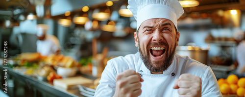 aggressive emotional angry man chef in white hat screams in the kitchen in a restaurant
