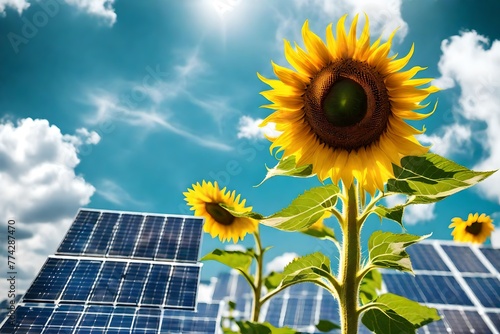 Close-up of a sunflower with solar panels in the background against the sky with copyspace for text. Clean renewable energy farming concept and green alternative power generation