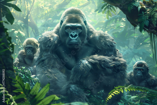 A gorilla is sitting in the middle of a jungle with two baby gorillas behind him