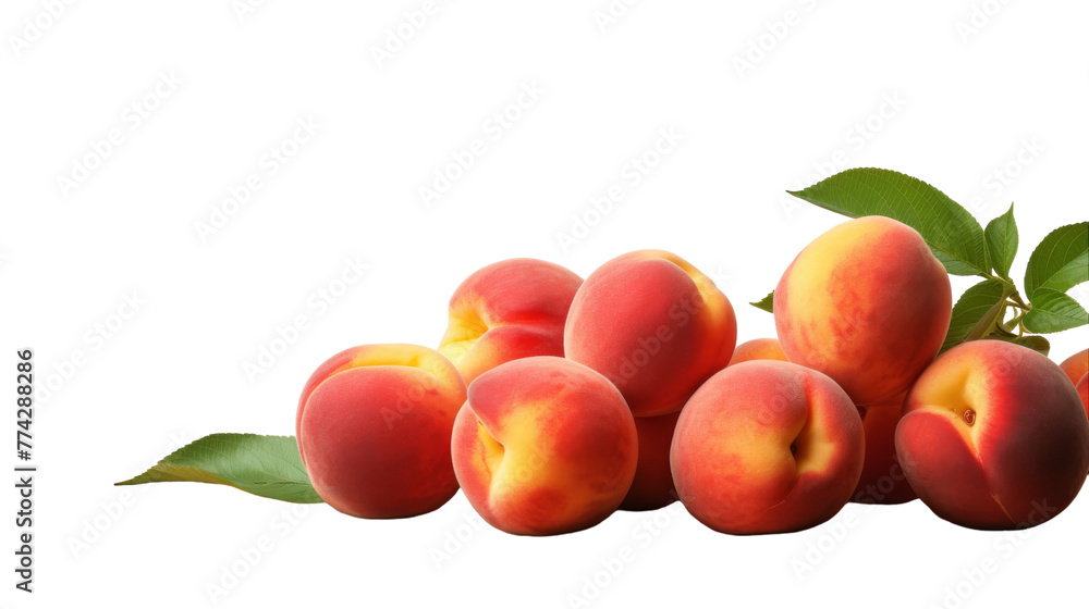 A stack of ripe peaches balanced precariously on top of each other, forming a towering pyramid