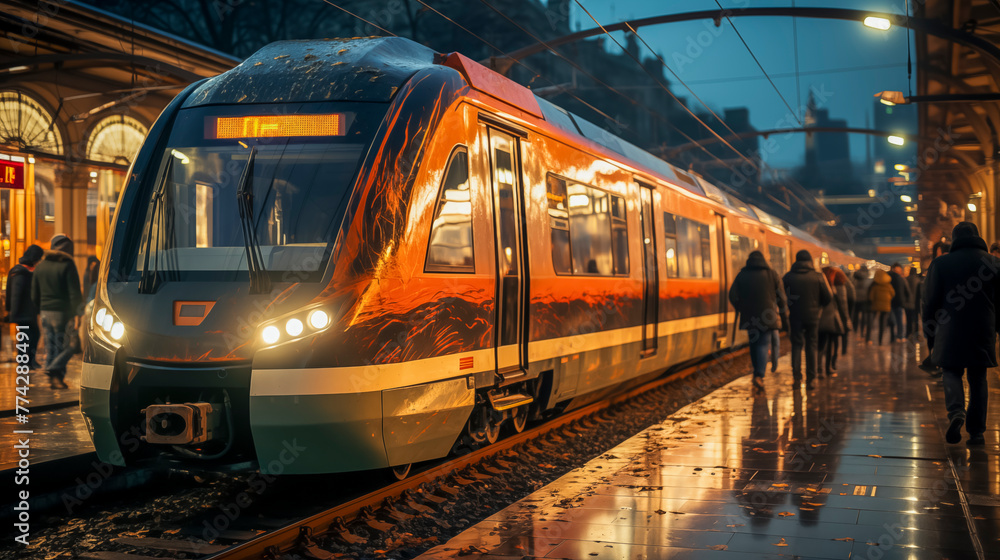 Obraz premium A train is parked at a station with people walking around it. The train is orange and white