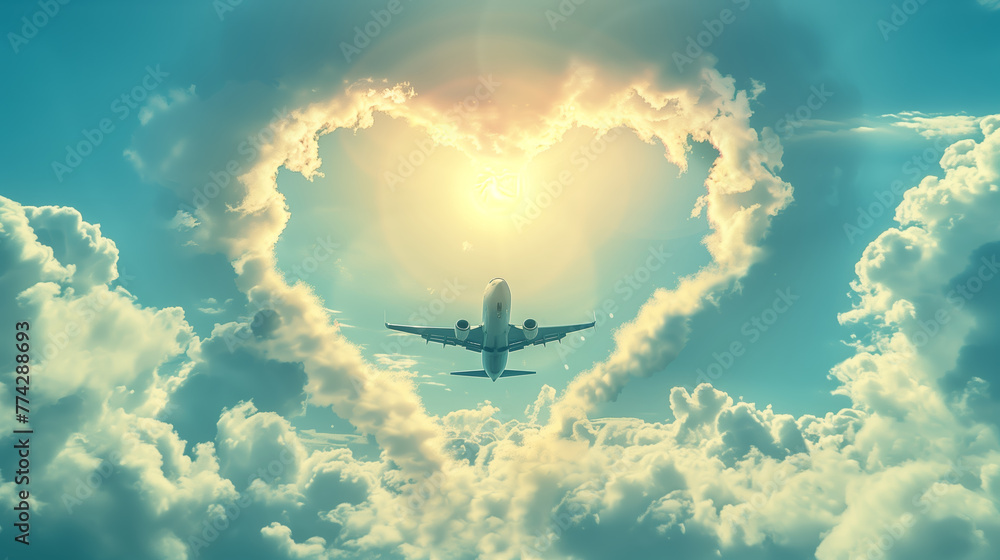 Panorama view of commercial airplane flying above dramatic clouds during sunse. A passenger plane is flying in heart-shaped clouds Panorama view of commercial airplane flying above dramatic clouds during sunse. A passenger plane is flying in heart-shaped clouds