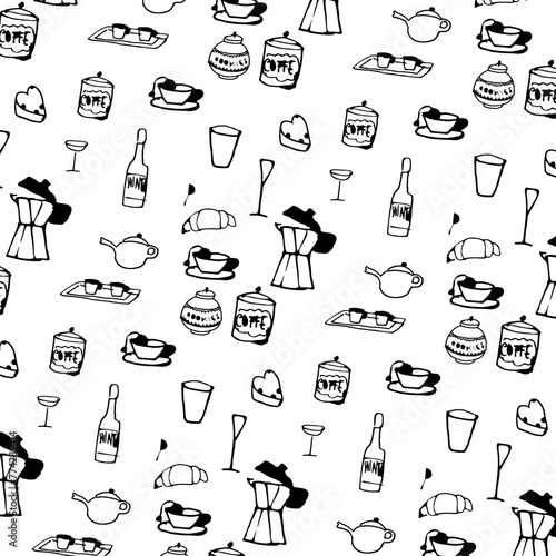 Pattern con utensili da cucina, bevande, tazze e bicchieri photo