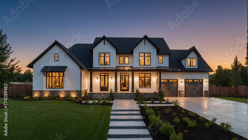 Luxury Home Exterior at Night: Beautiful New House with Large Yard, © abdelaziz@771