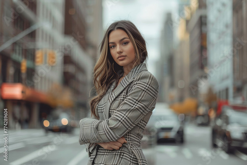 A girl in a confident pose, standing on a city street in a stylish outfit.