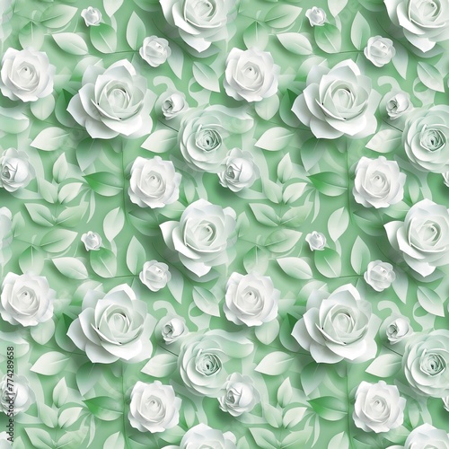 3D roses white leaves green fabric pattern seamless textile background fashion work design modern colorful natural fashionable colors spring decor vintage summer wallpapers design 