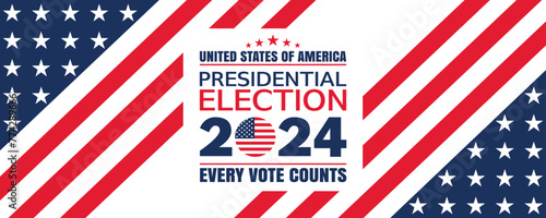 USA 2024 Presidential Election background with American flag colors design. Election event banner, card, poster, template, voting communication, background. Vote day, November 5. Vector illustration.
