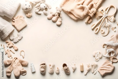 Neutral color baby background, pregnancy announcement, baby awaiting, flat lay composition with newborn accessories, copy space.
