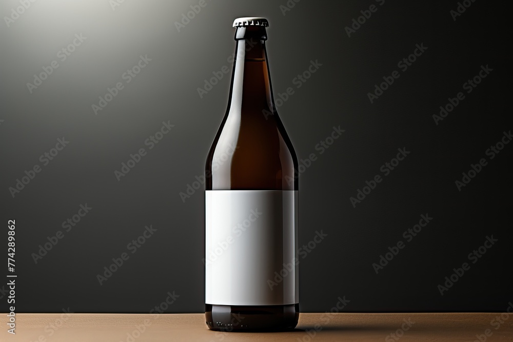 Glass brown bottle with white label for beer, beer maker mockup. Glass brown bottle with white label for beer, beer maker mockup.