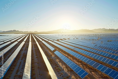 A large solar farm in a desert landscape. Rows of solar panels stretch out towards the horizon