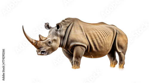 A magnificent rhinoceros poses gracefully in front of a stark white background