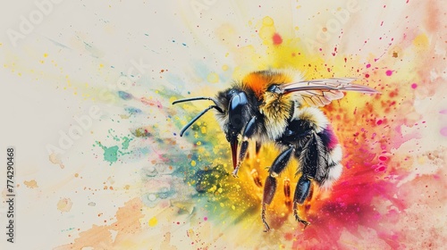 Vivid watercolor splashes ignite the canvas, highlighting a bee as it floats amidst a vibrant burst of colors, reminiscent of a pollen-laden breeze.