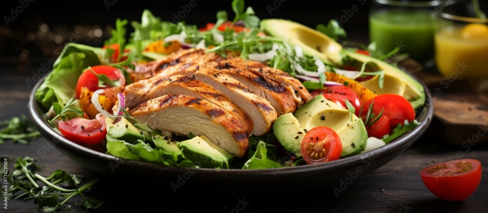 An appetizing salad featuring grilled chicken, fresh tomatoes, ripe avocado slices, and crisp lettuce leaves An appetizing salad featuring grilled chicken, fresh tomatoes, ripe avocado slices, and crisp lettuce leaves