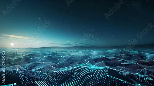 A tranquil abstract panorama with aqua dots and navy blue triangles interconnecting, reminiscent of a digital ocean with waves made of light and geometry, under a moonlit sky. photo