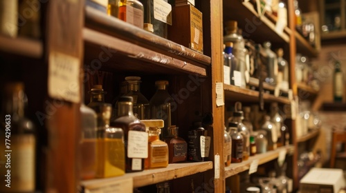 A warm, softly lit view of old wooden apothecary shelves filled with labeled glass bottles, evoking a historical and natural healing ambiance. photo