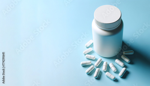 White medicine bottle with white capsules isolated on light-blue background. Minimalist pharmaceutical mockup.