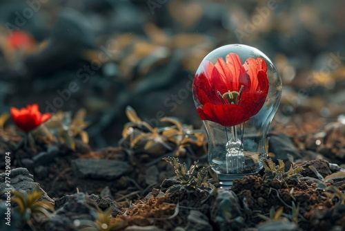 Close-up of a red flower inside a light bulb in a forest on the ground.