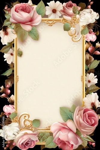 wedding invitation card with 3d beige rectangle frame with rose and leaves  copy space in center for text.