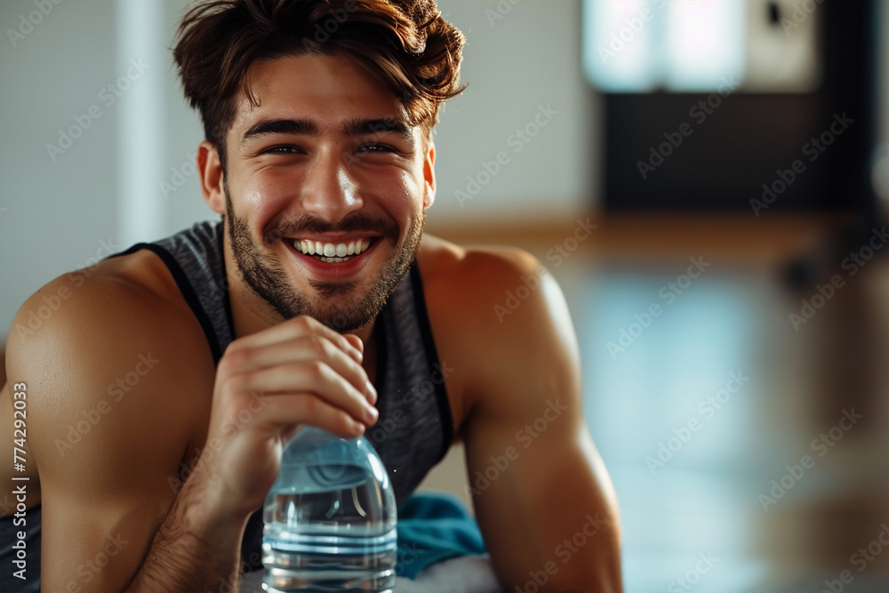 Fototapeta premium Tired but happy. Young man smiling at camera, holding water bottle and wiping sweat with towel while resting after training workout at home