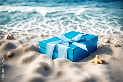 Blue gift box on a beach