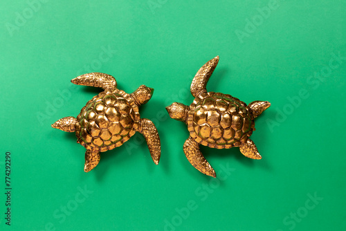Couple of gold turtles on a green background