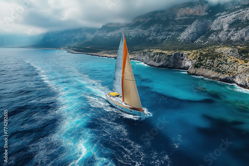 Sailboat yacht sailing on blue water ocean near a tropical island. Aerial top view