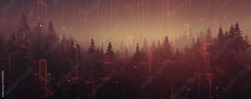 Maroon animation of glitched looping binary codes over fog-covered background pattern banner with copy space