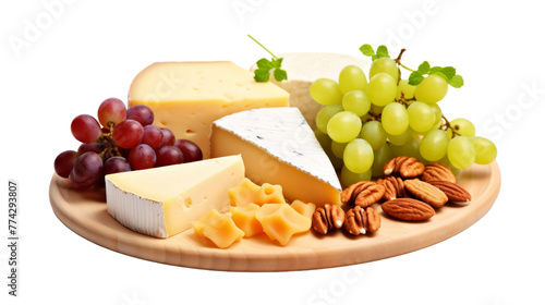 A beautifully arranged plate of assorted cheeses, nuts, and grapes