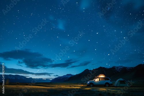 A car parked beside a cozy tent under a starlit sky  encapsulating the spirit of outdoor adventure and travel.