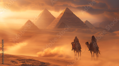A group of travelers riding camels across the desert sands with the pyramids in the distance. © Rattanachat
