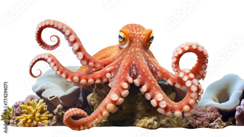An octopus gracefully perches atop a rocky perch in the ocean depths