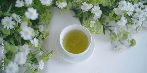 A cup of green tea is surrounded by flowers on a light background. Concept: Health and well-being, morning rituals and tea ceremony, spring mood.