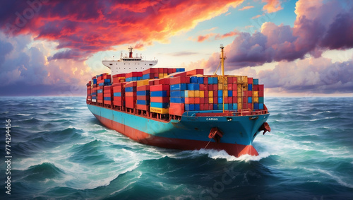 A cargo ship laden with colorful containers