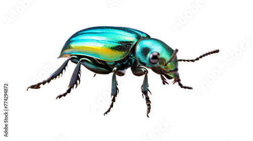 A blue beetle with long legs gracefully stands out on a white background