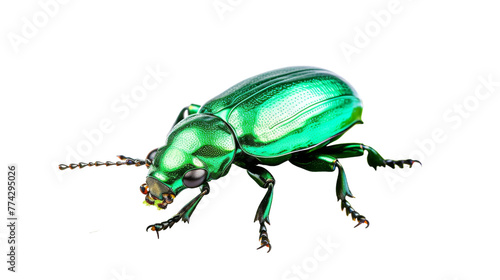 A vibrant green beetle crawls gracefully on a clean white canvas