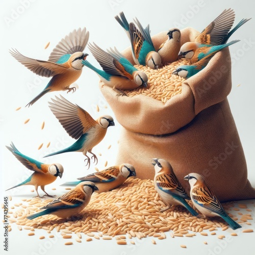 Birds peck at grain from a bag. photo