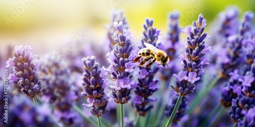 Lavender honey background with honeycomb, bee and lavender flowers. Copy space