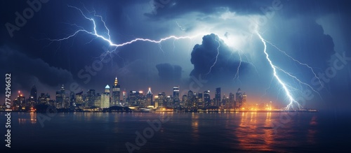Lightning strikes illuminating the dark sky above a sprawling urban landscape during the nighttime